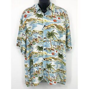 Big Dogs Men Button Up Tropical Shirt Blue Green Small Medium Short Sleeve EUC